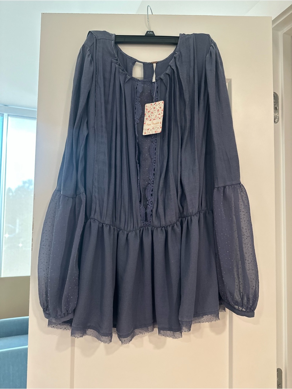 Free People Soul Serene Blouse Blue Purple Lace Mesh Peplum Top xs tp NWT